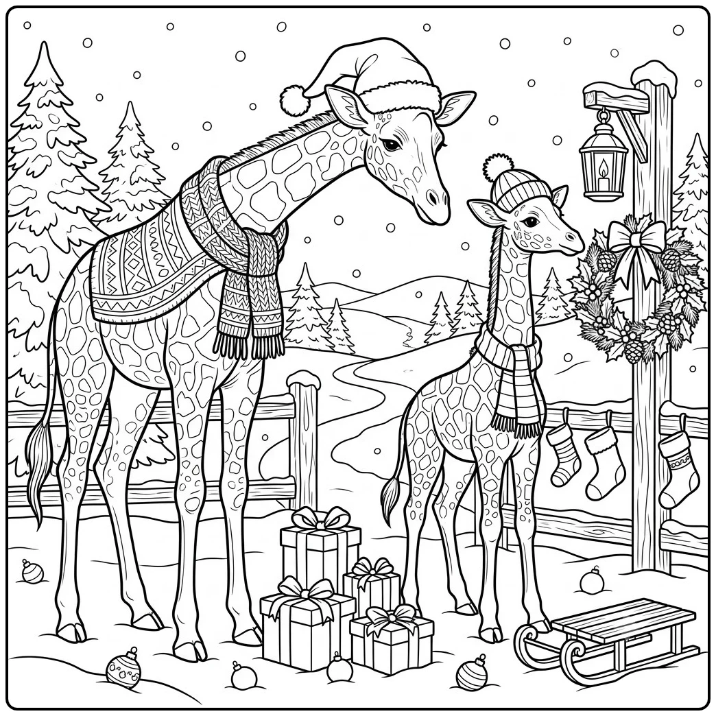 Two giraffes in winter scarves beside gifts, a wreath, stockings, and snowy pines