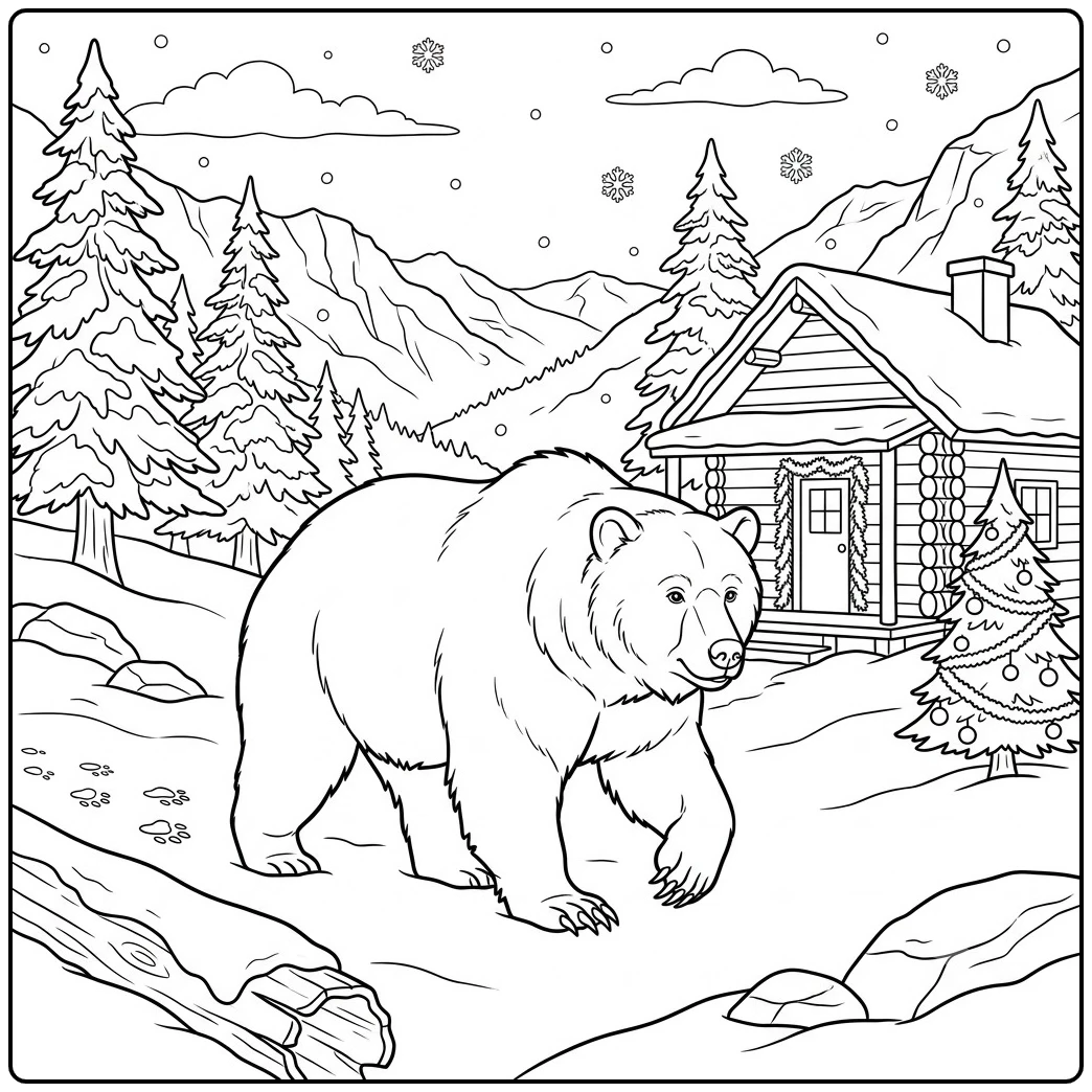 Grizzly bear coloring page with an adult walking past a snowy holiday cabin and pine tree
