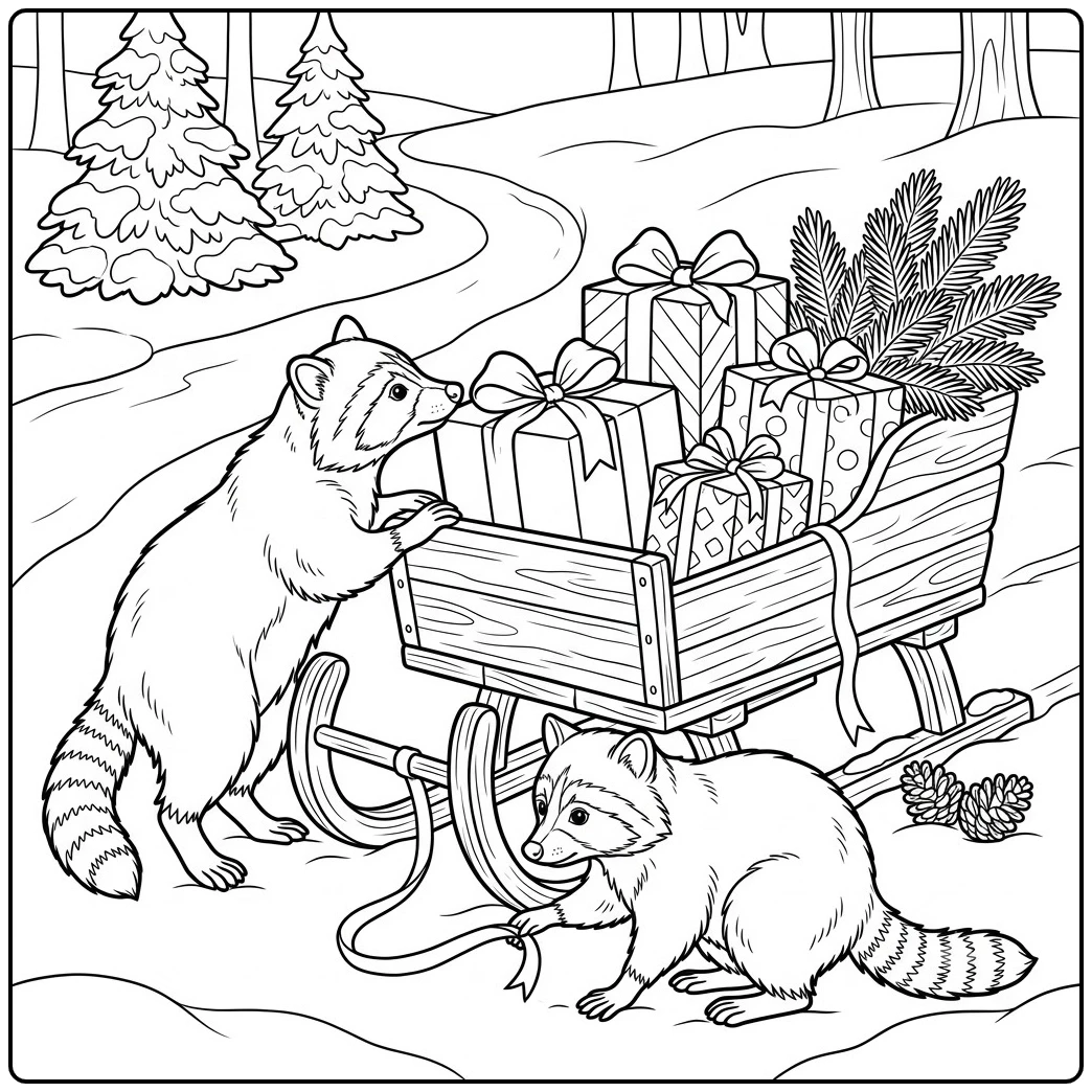 Two raccoons inspect a gift-filled sleigh in a snowy racoon coloring page