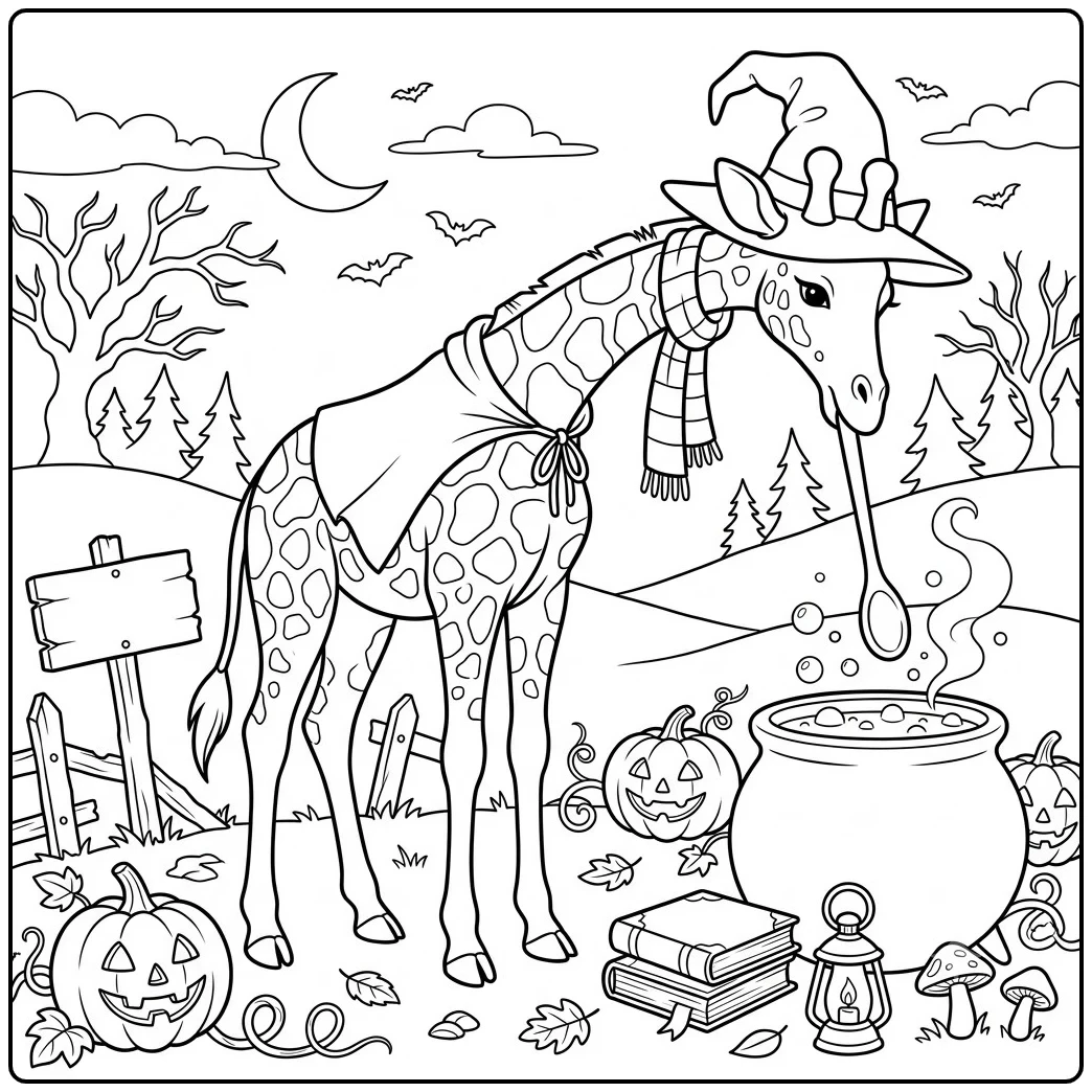 Witch giraffe stirs a bubbling cauldron in a halloween giraffe coloring page scene