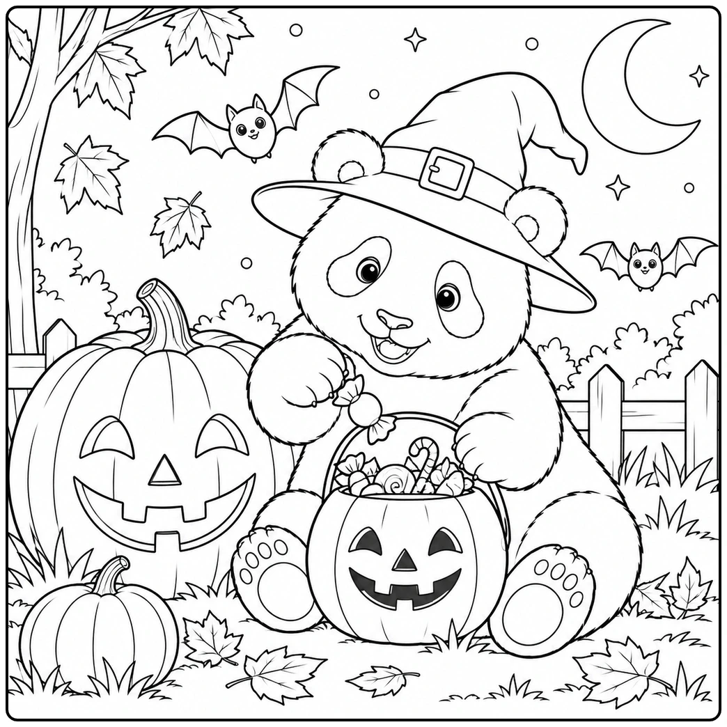 Panda in a witch hat sits beside jack-o'-lanterns with a candy bucket under the moon.