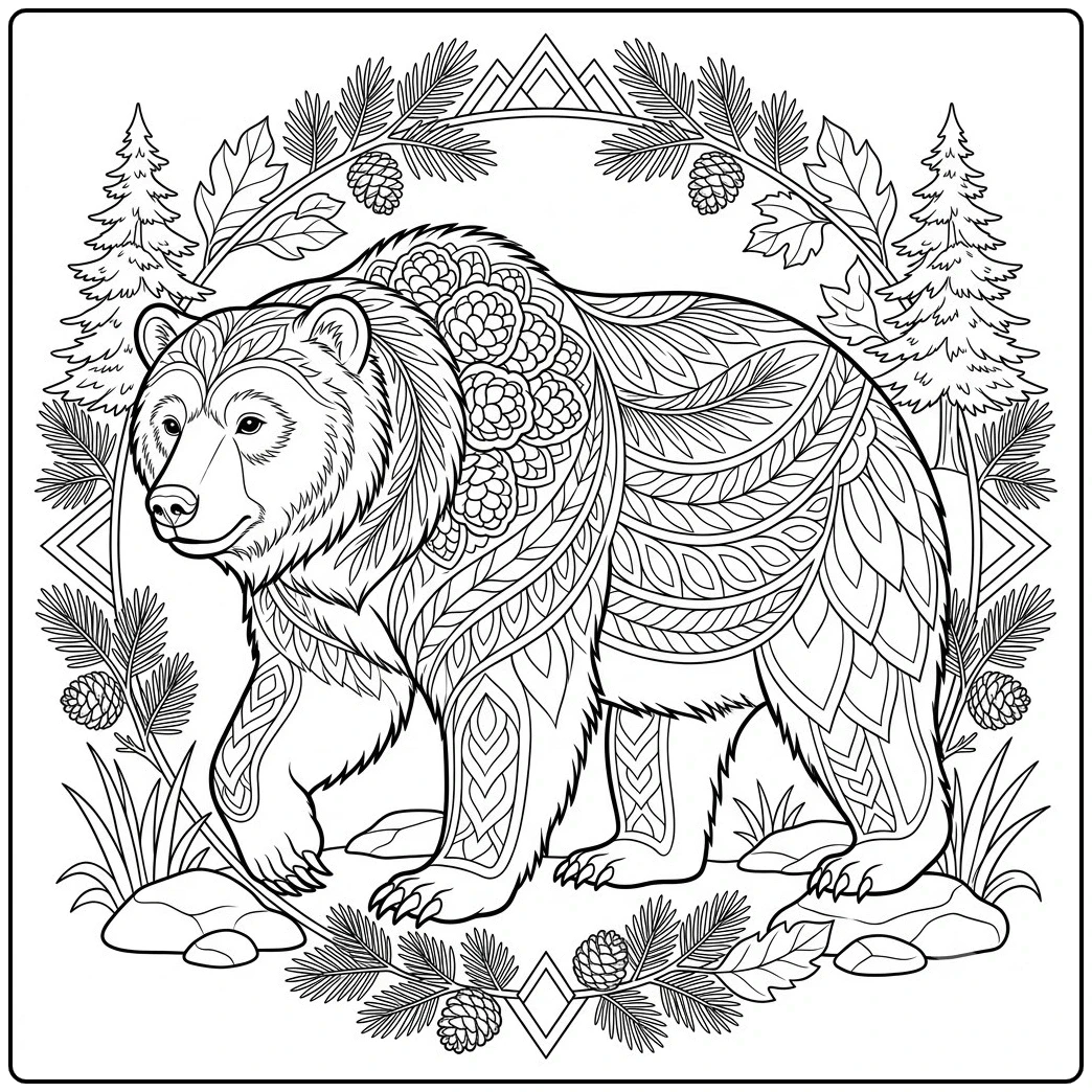 Bear mandala coloring page with a full bear surrounded by pinecones, leaves, and trees