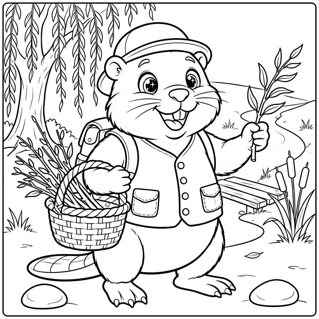 An explorer beaver carries a basket of willow twigs and a leafy branch by a creek.