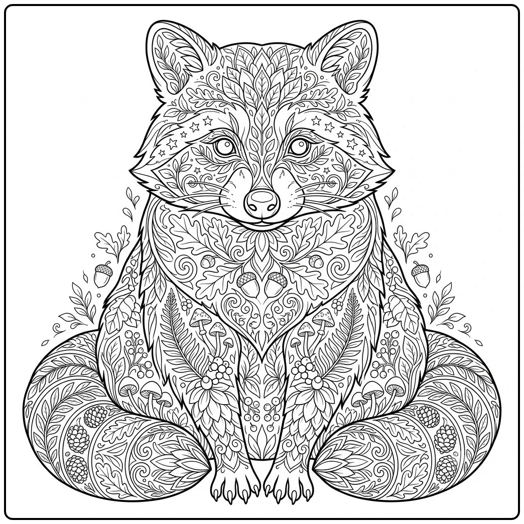 Large seated raccoon filled with intricate woodland mandala patterns