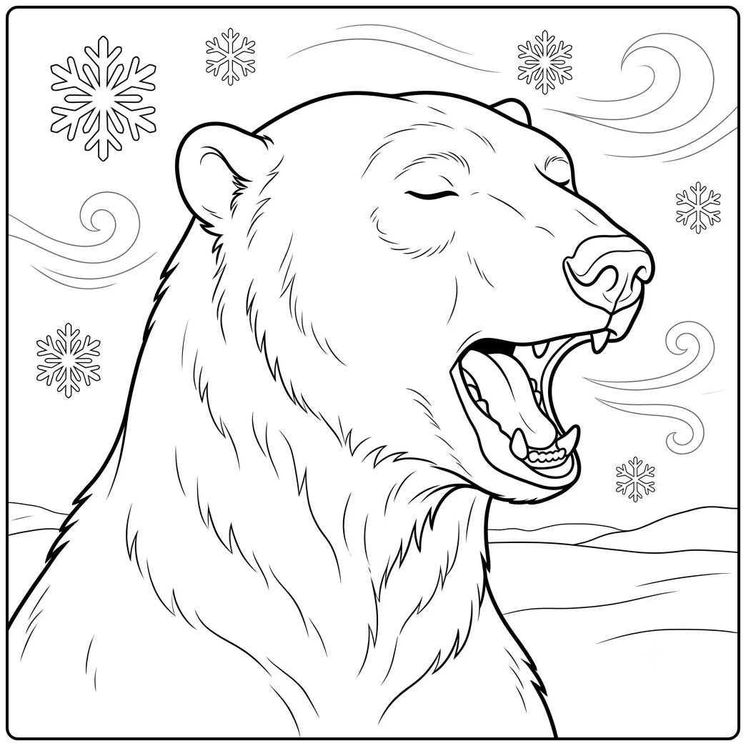 Yawning polar bear face framed by large snowflakes and curling Arctic wind lines