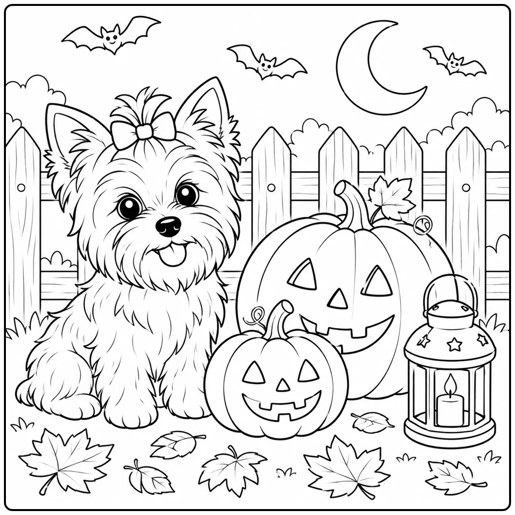 Yorkshire Terrier sits beside carved pumpkins, a lantern, bats, and a crescent moon