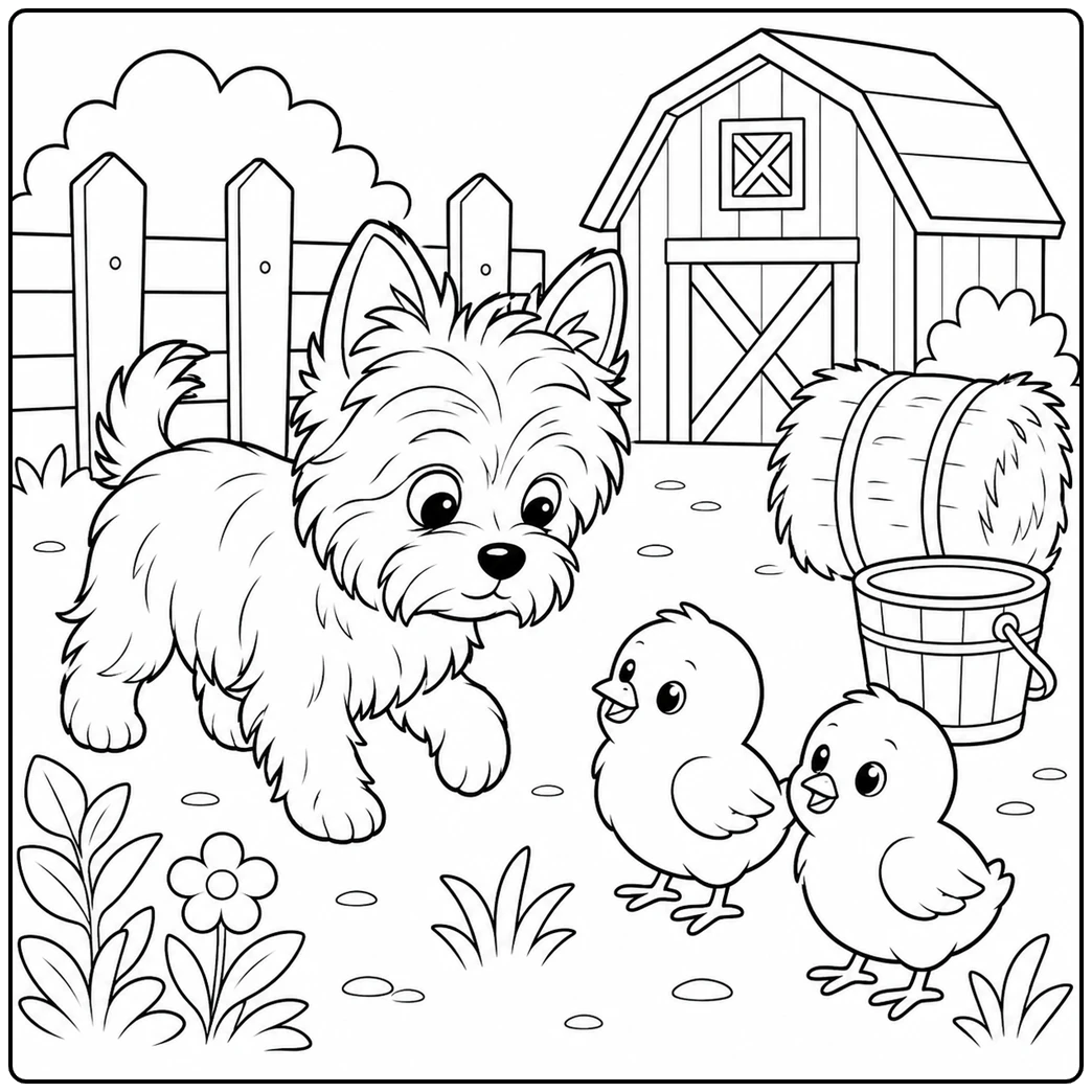 Small Yorkshire Terrier meets two chicks near a barn, hay bale, bucket, and fence