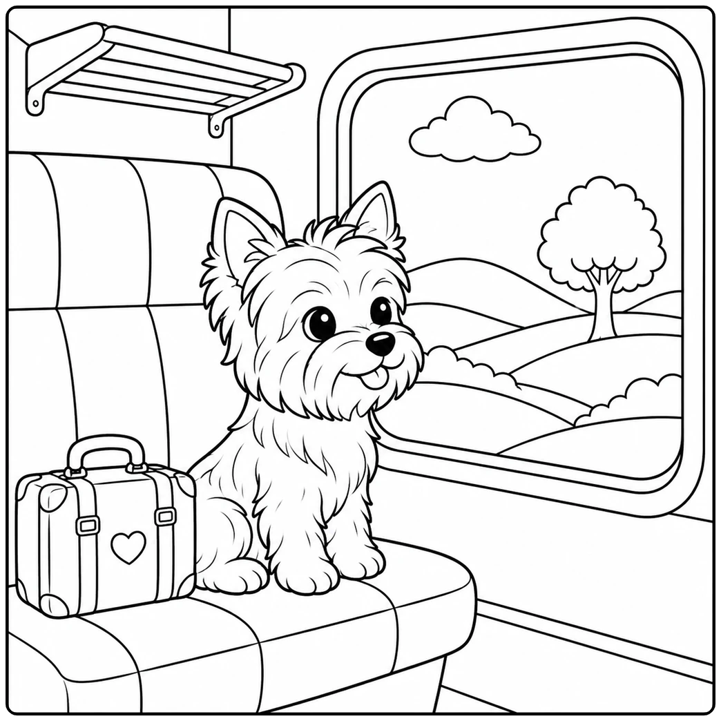 Fluffy Yorkshire Terrier rides a train beside a suitcase while watching rolling hills