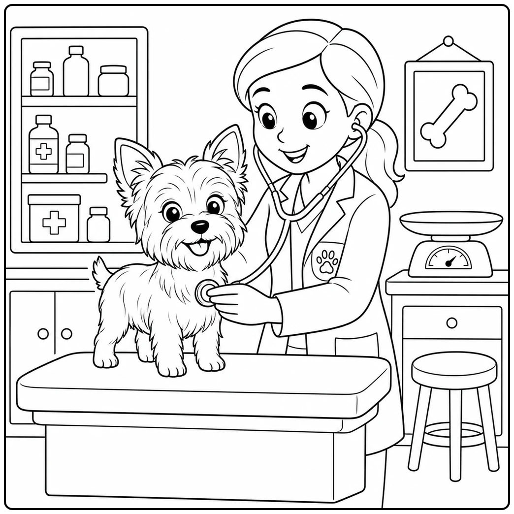 A vet checks a smiling dog in this yorkie coloring page beside clinic supplies and a scale