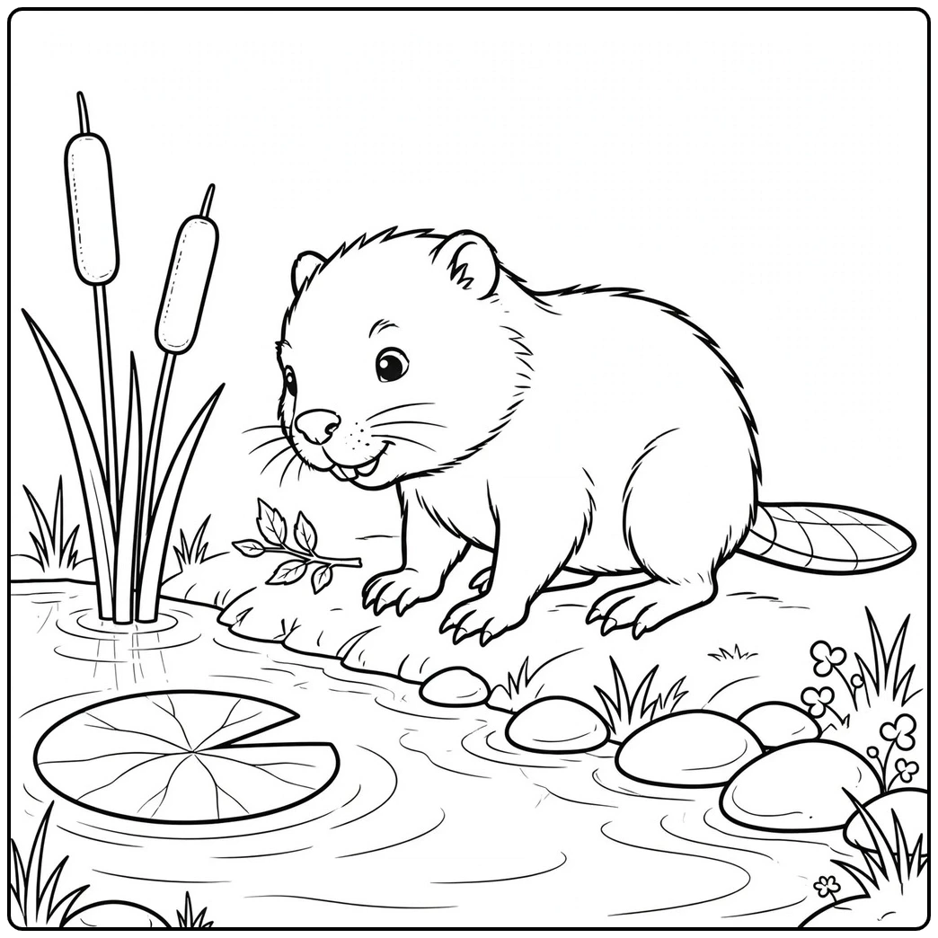 A young beaver sniffs a leafy twig beside cattails, lily pads, and a calm pond.