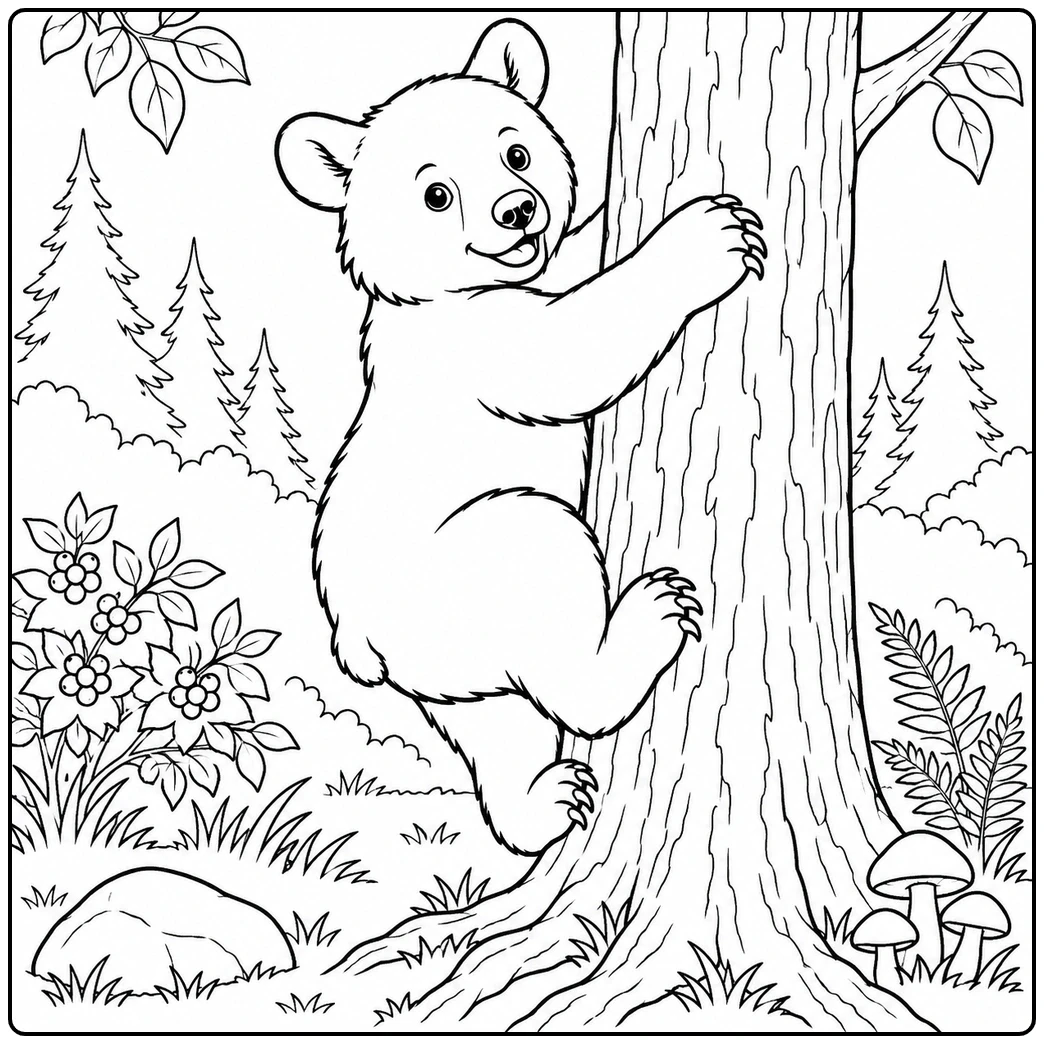 Young black bear climbs a tree beside berries, ferns, mushrooms, and pines