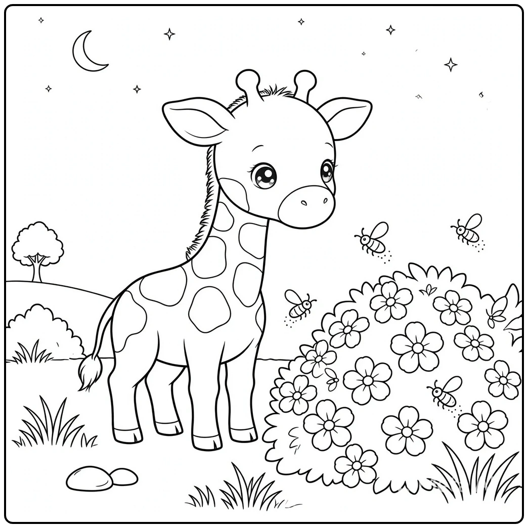Young giraffe watches small insects beside flowers in a giraffe coloring page