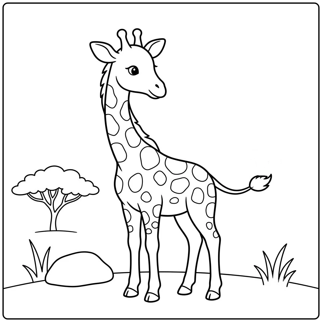 One giraffe stands by a rock in this easy giraffe coloring pages savanna scene