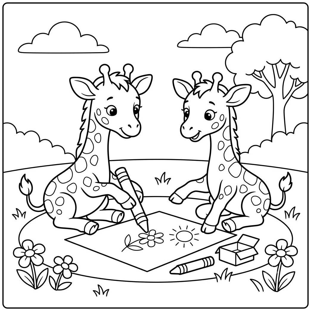 Two young giraffes draw flowers and sunshine together on a large sheet of paper.