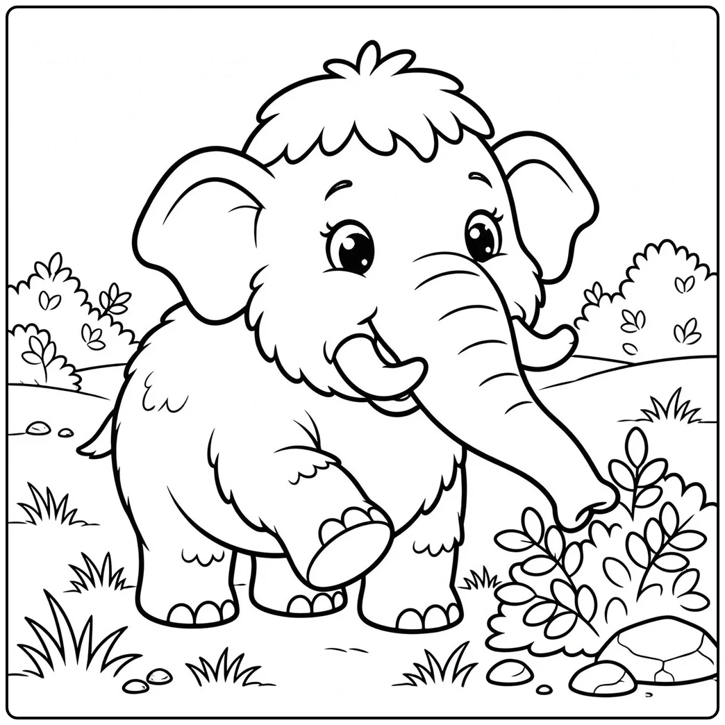 Fluffy young mammoth walks beside a leafy bush, rocks, and a small turtle