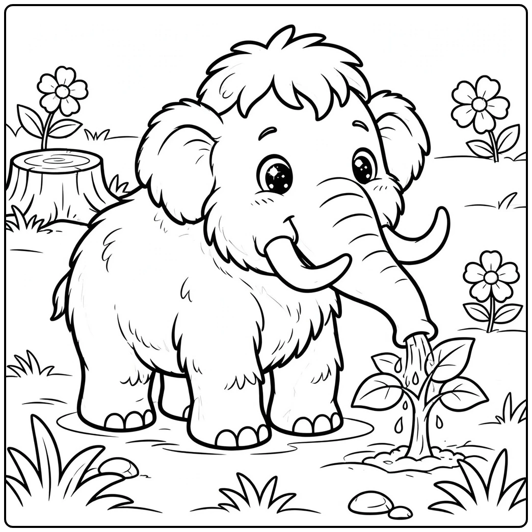 Young mammoth waters a small plant in this mammoth coloring page with flowers