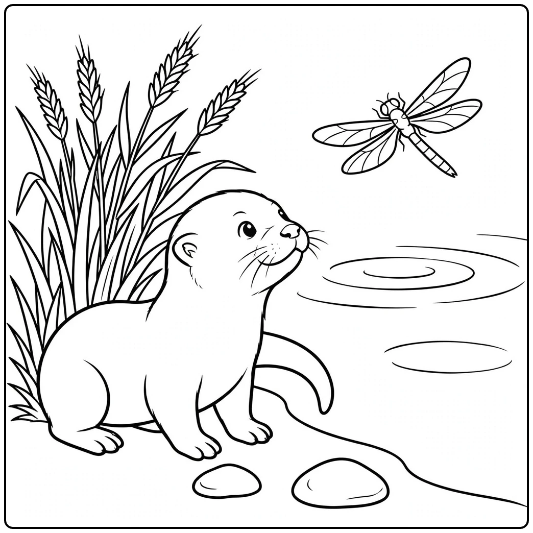 A young river otter sits by reeds and looks toward a dragonfly above the water.