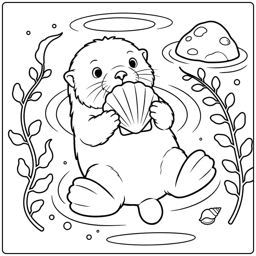 A sea otter pup floats among kelp while holding a large fan-shaped seashell.