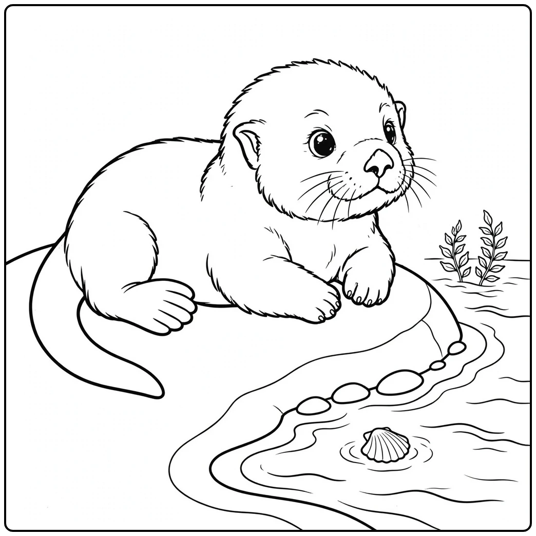 Young sea otter resting on a coastal rock beside a shell and gentle ocean waves.