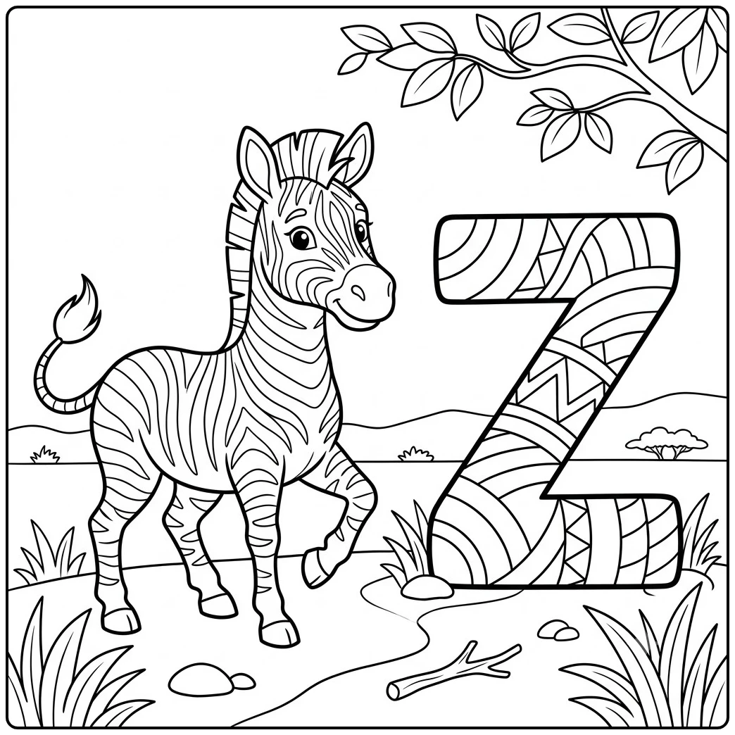 Young zebra stands beside a decorative Z in this z is for zebra coloring page