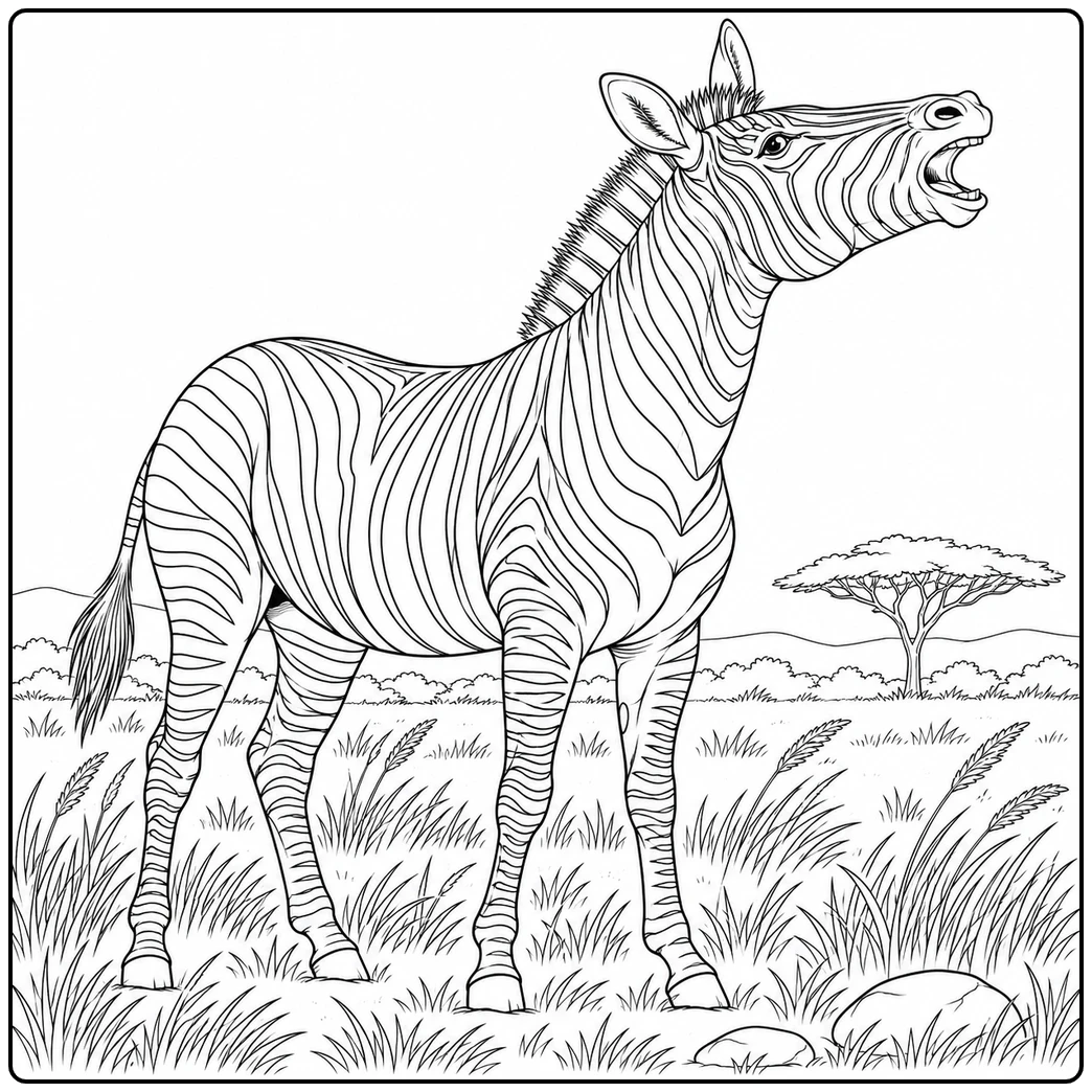 Adult zebra raises its head and calls across the grassland in a zebra coloring page