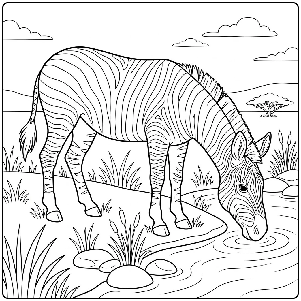 A zebra drinks from a stream in this zebras in the wild coloring page with reeds