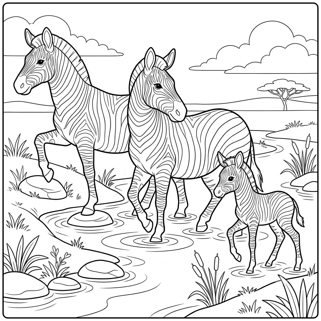 Three zebras wade through a shallow stream with a young foal beside two adults