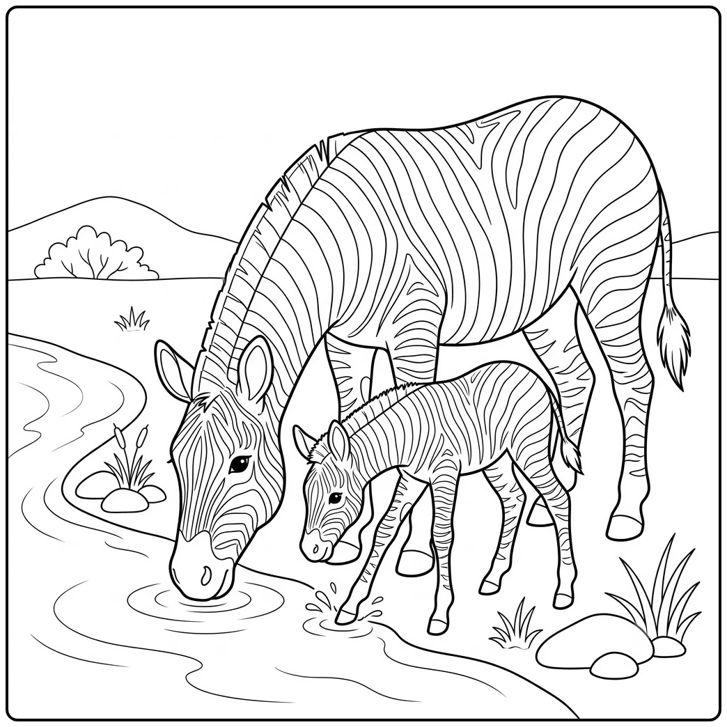 Adult zebra and young foal lower their heads to drink together beside a quiet stream