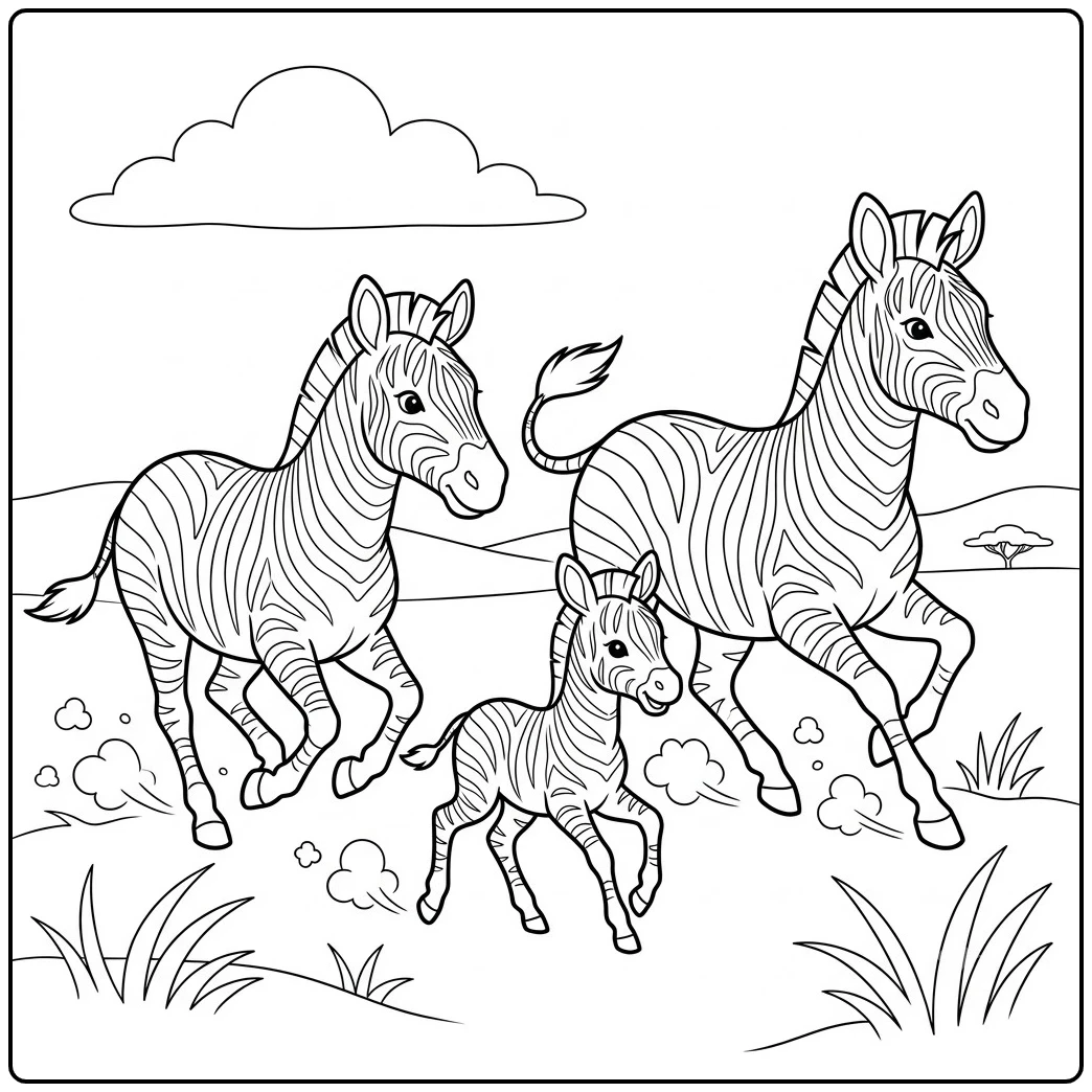 Three running zebras appear in this easy zebra coloring page for kids with a young foal