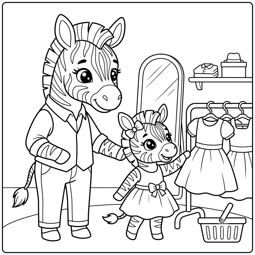 Adult and young zebra browse dresses together inside a simple clothing shop