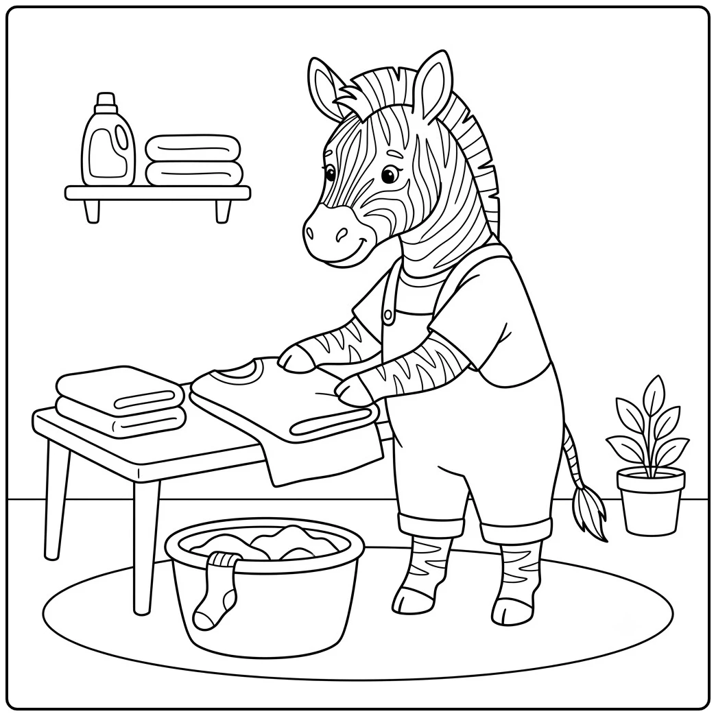 Zebra folds clean laundry beside a basket, table, towels, and a small potted plant
