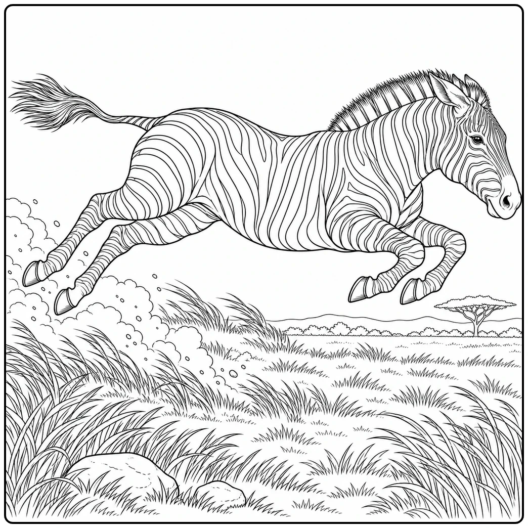 Powerful zebra gallops fully airborne across tall grass with dust rising behind its hooves
