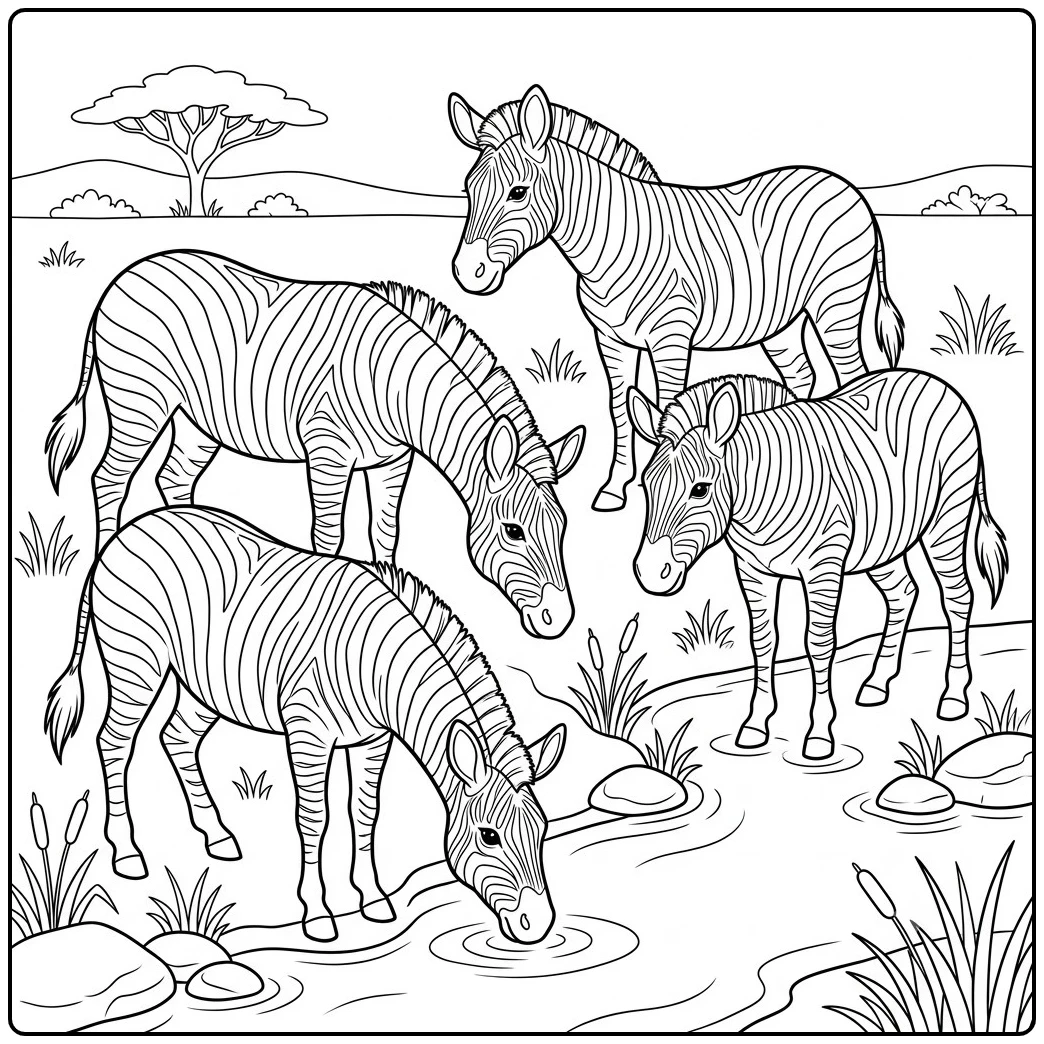 Four zebras gather beside a stream as one bends down to drink from the water