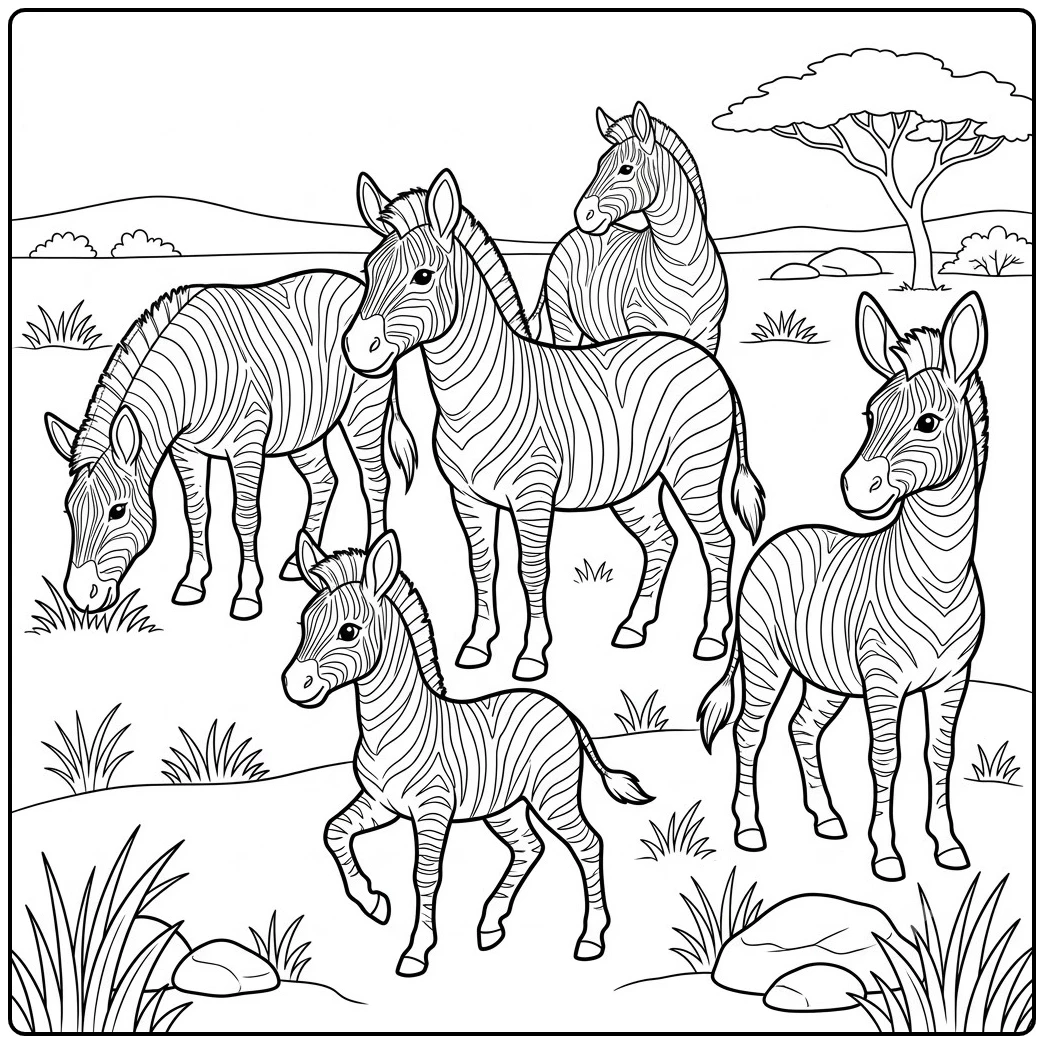 Five zebras gather across an open grassland with a young foal among the herd