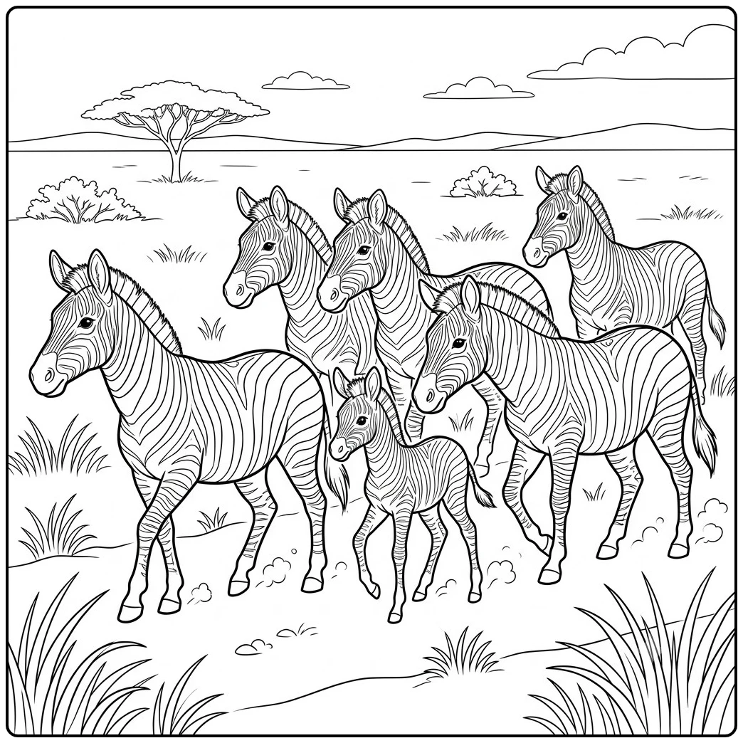 Six zebras travel closely across the savanna with a small foal protected in the group