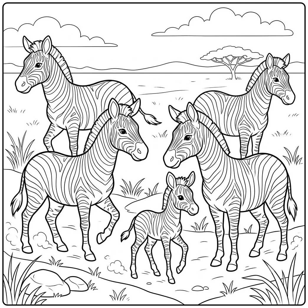 Four adult zebras surround a small foal while moving together across the savanna