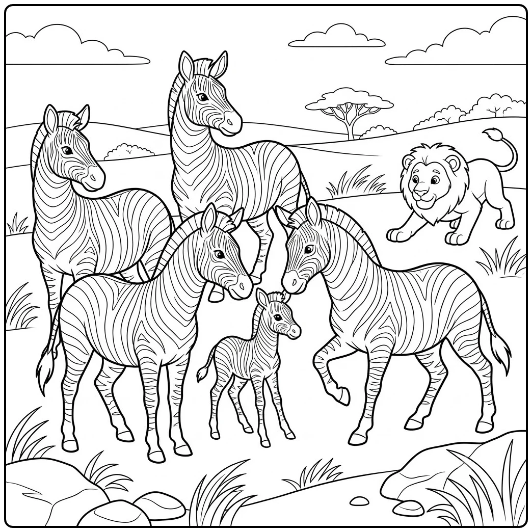 Four adults guard a foal from a lion in this zebra family and herd coloring page