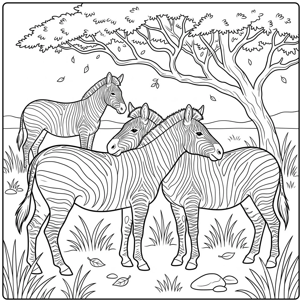 Three zebras gather closely beneath a broad leafy tree on the African grassland