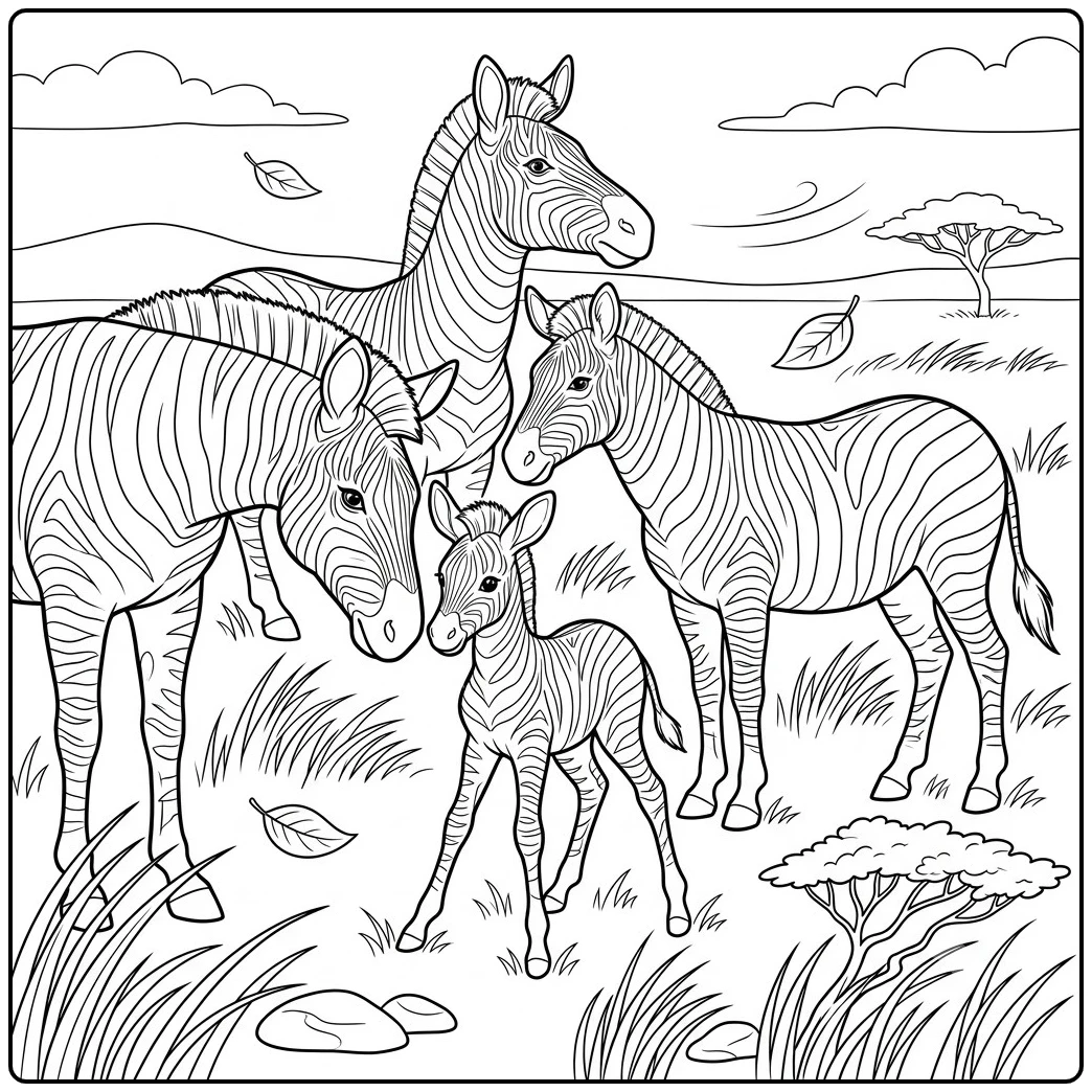 Three adult zebras gather around a newborn foal as leaves blow across the savanna