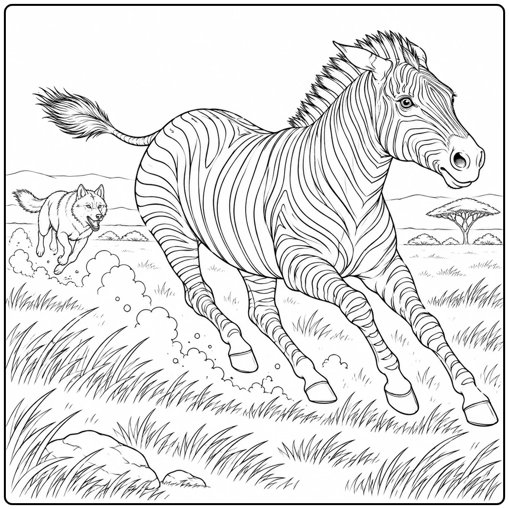 Galloping zebra races across the savanna with a wolf chasing behind through tall grass