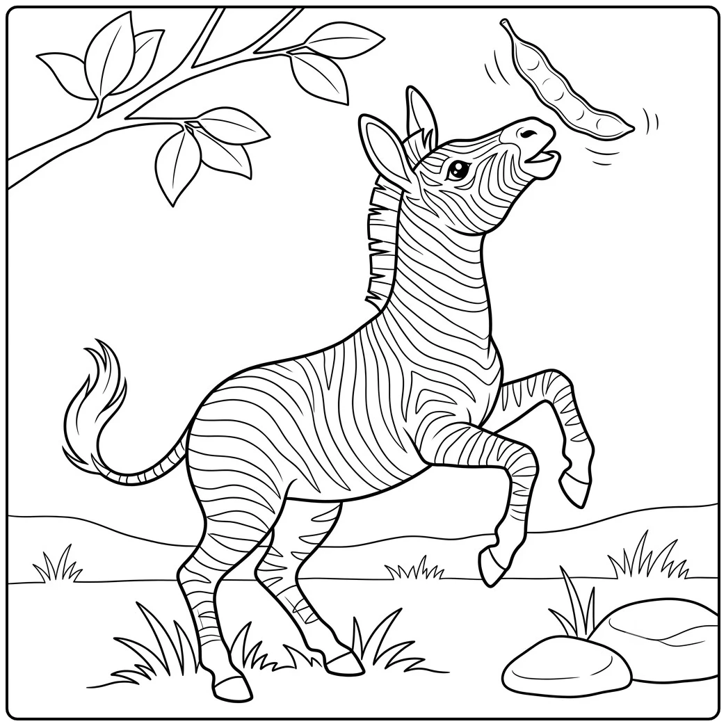 A cartoon zebra coloring page shows a zebra reaching upward for a falling seed pod