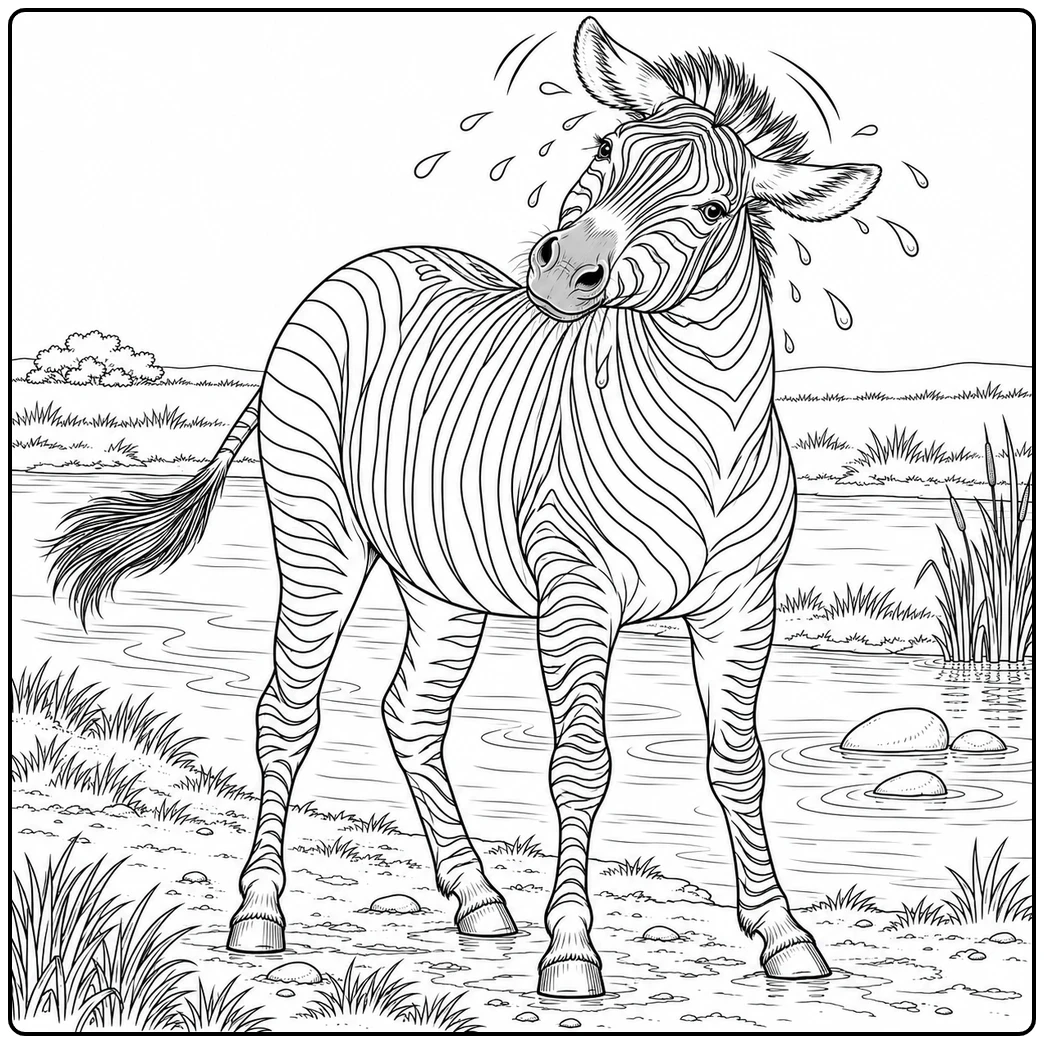 Zebra shakes water from its mane beside a quiet river with reeds and rounded rocks