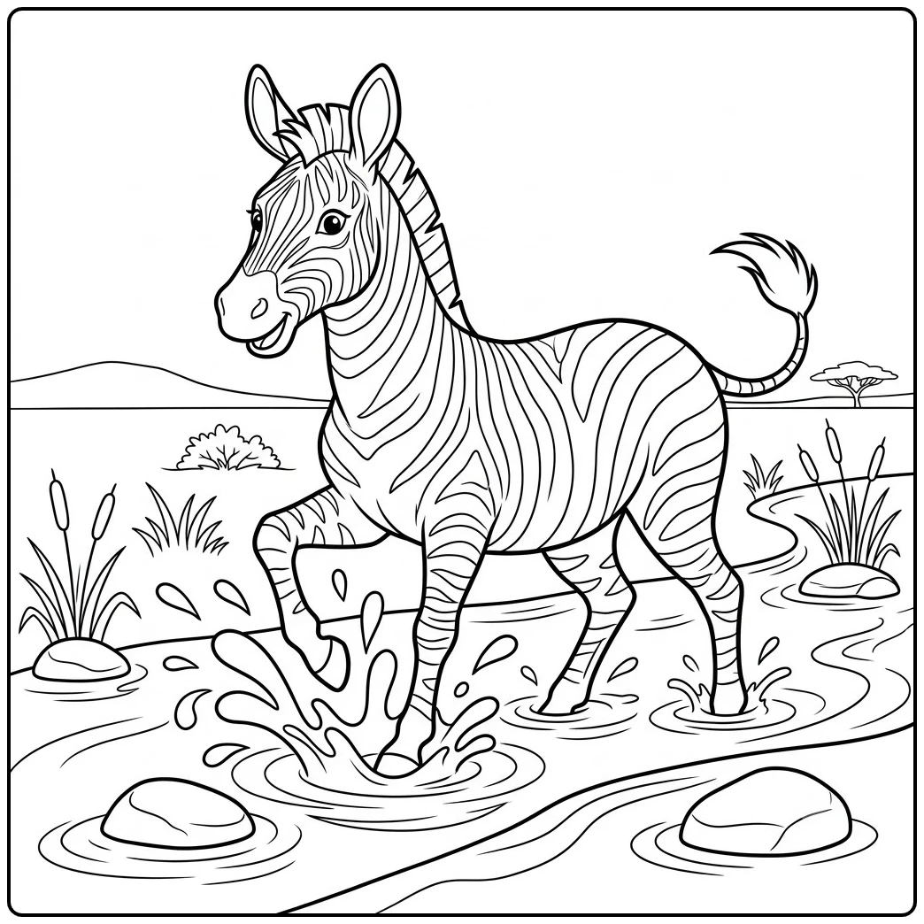 Striped zebra splashes through shallow water surrounded by reeds and smooth rocks