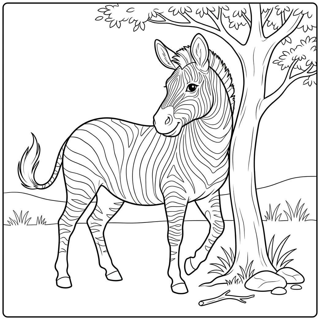 Striped zebra stands beside a leafy tree with grass, rocks, and open savanna behind