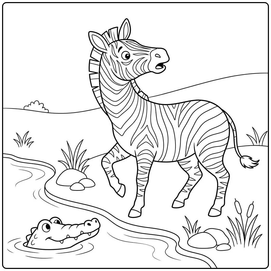Startled zebra backs from the river as a crocodile head rises beside the grassy bank