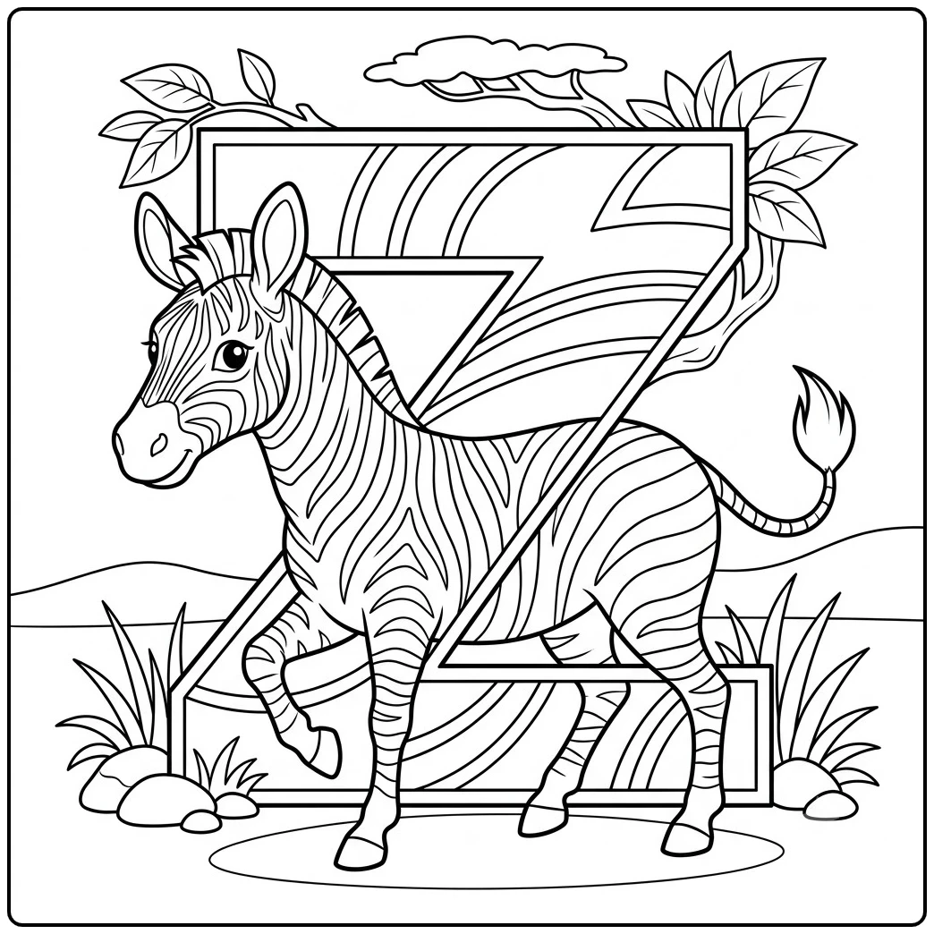 Zebra walks in front of a giant patterned letter Z surrounded by leaves and grass