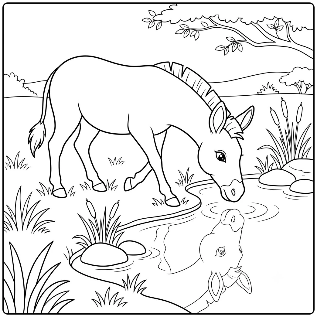 Zebra without stripes coloring page with one zebra gazing at its reflection in a pond