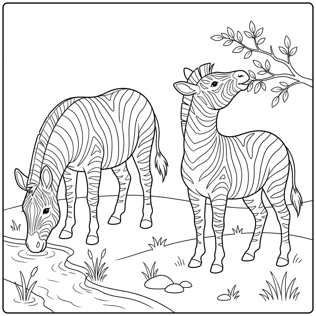 One zebra drinks from a stream while another reaches up to nibble leafy branches