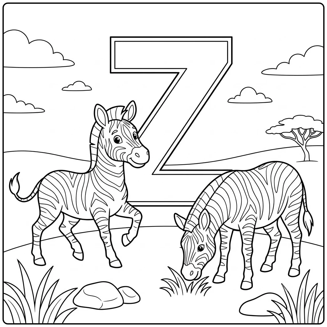 One zebra walks while another grazes beneath a giant outline letter Z