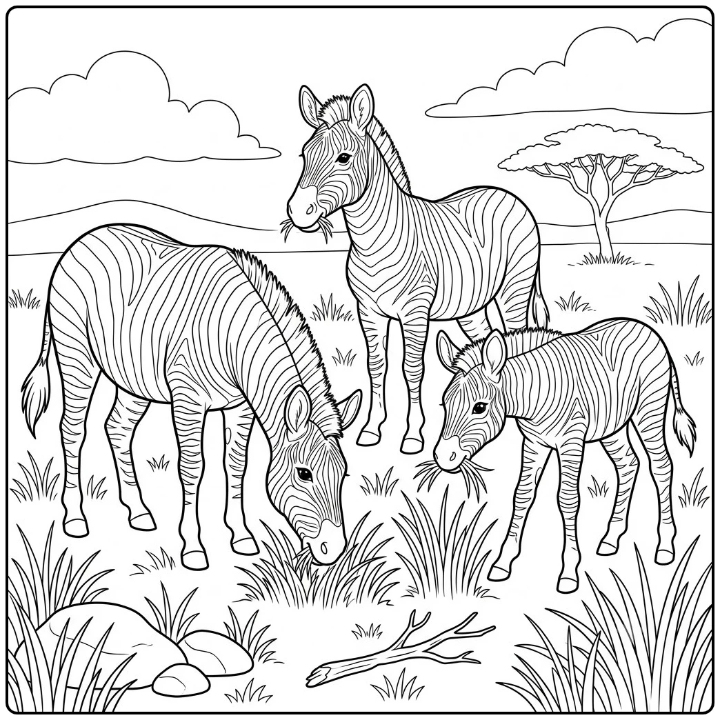 Three zebras graze and stand together on an open savanna with an acacia tree